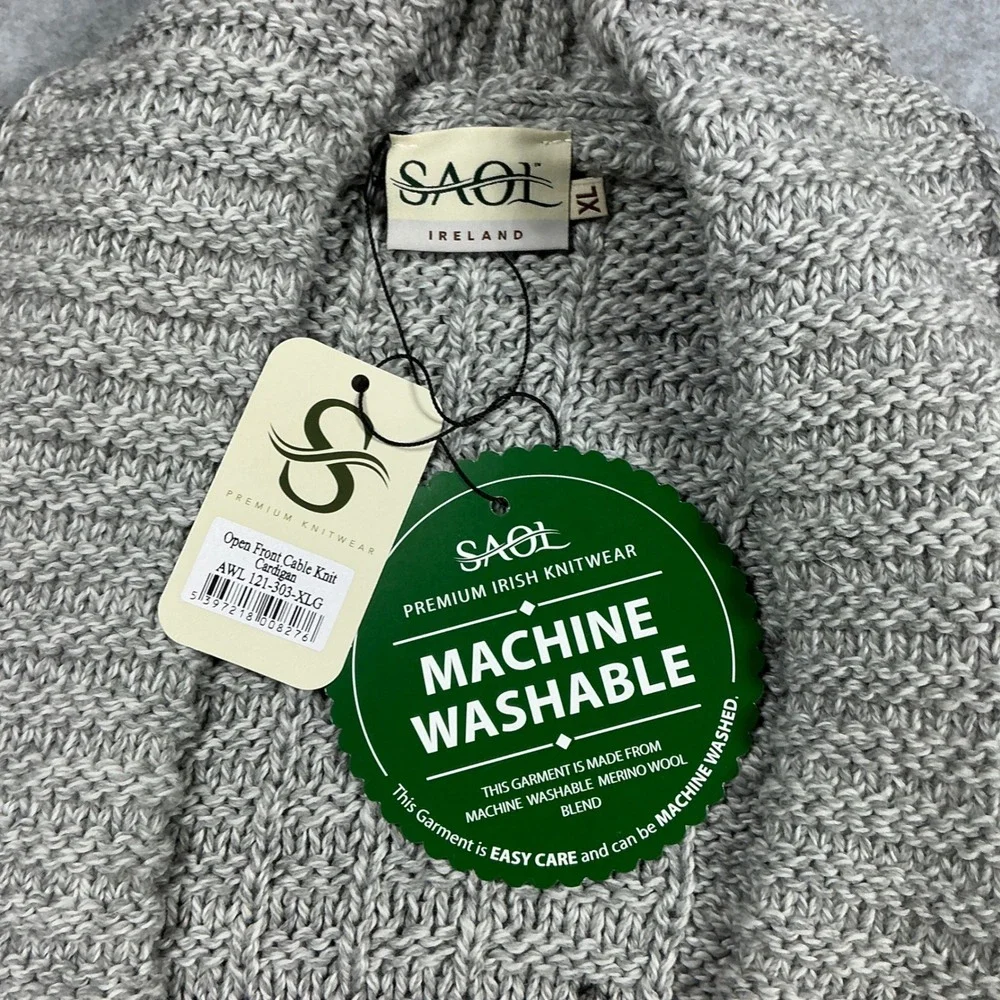 SAOL Ireland Mens XL Open Front Cable Knit Cardigan Merino Wool Gray AWL121-303